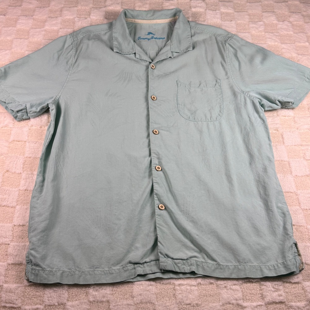 Tommy‎ Bahama Silk Camp Shirt Mens L Palm Tree Print Button Up Short Sleeve